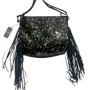 Myra Cowhide Leather Black Shimmer Bag W17" x D 4" x H 14” Strap 22” NWT
